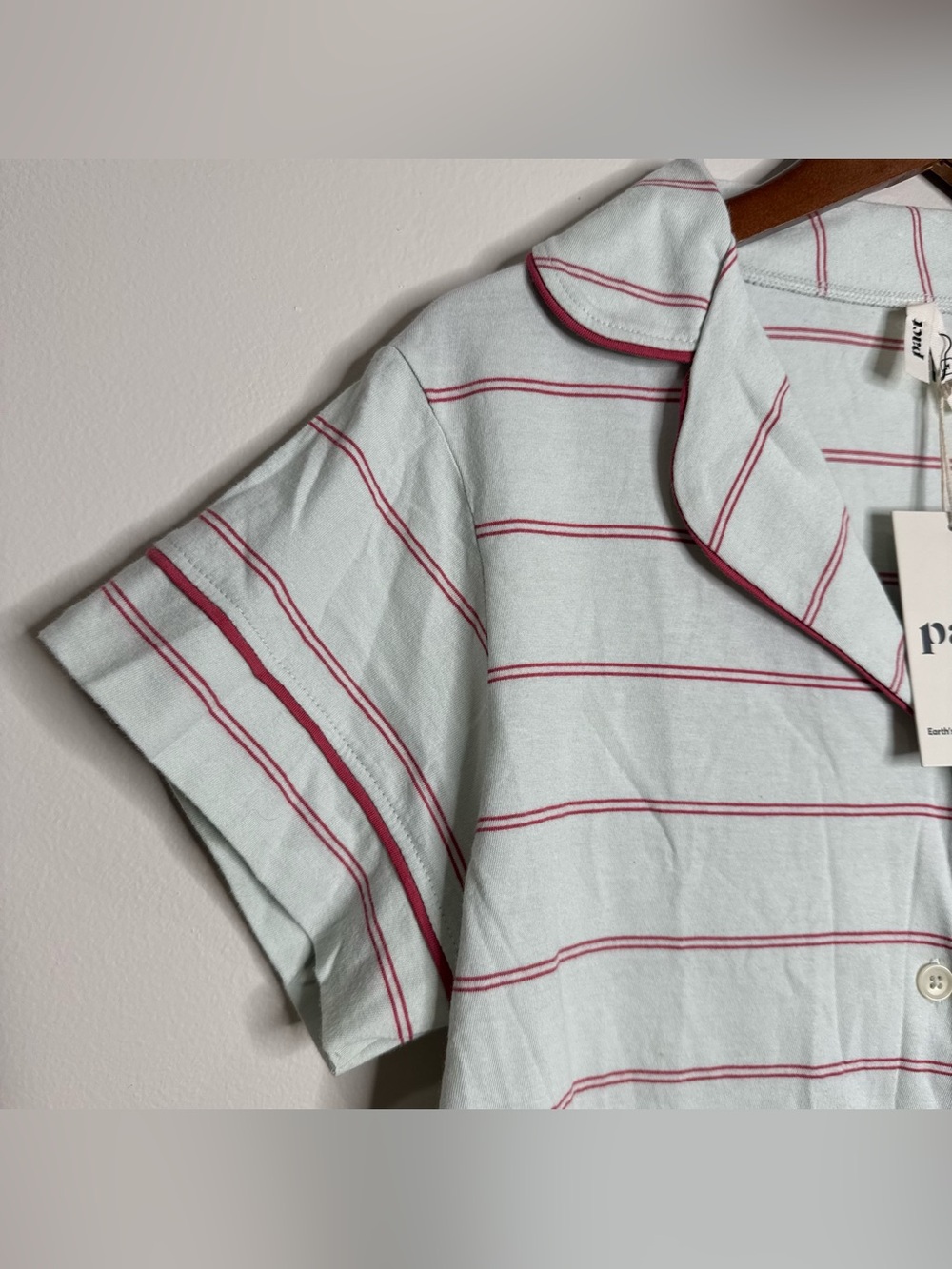 NWT Pact Organic Cotton Blue Red Striped Button Up Pajama Shirt Medium - Picture 3 of 7